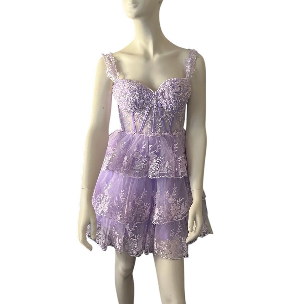 Sweetheart Neck Tiered Ruffle Hem Dress Purple 0 NWT